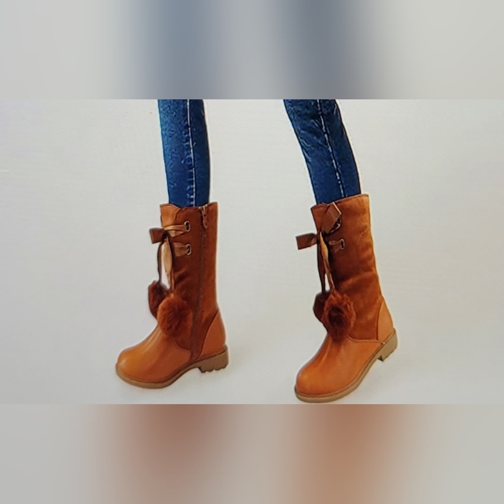 NIB COUTGO BOOTS MIDCALF LUG SOLE  SIDE ZIPPER BOW KNOT POM POM GIRLS SI… - Picture 5 of 11